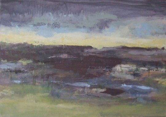 Landskab, regn 2006. Akryl på lærred 45 x 65 cm.